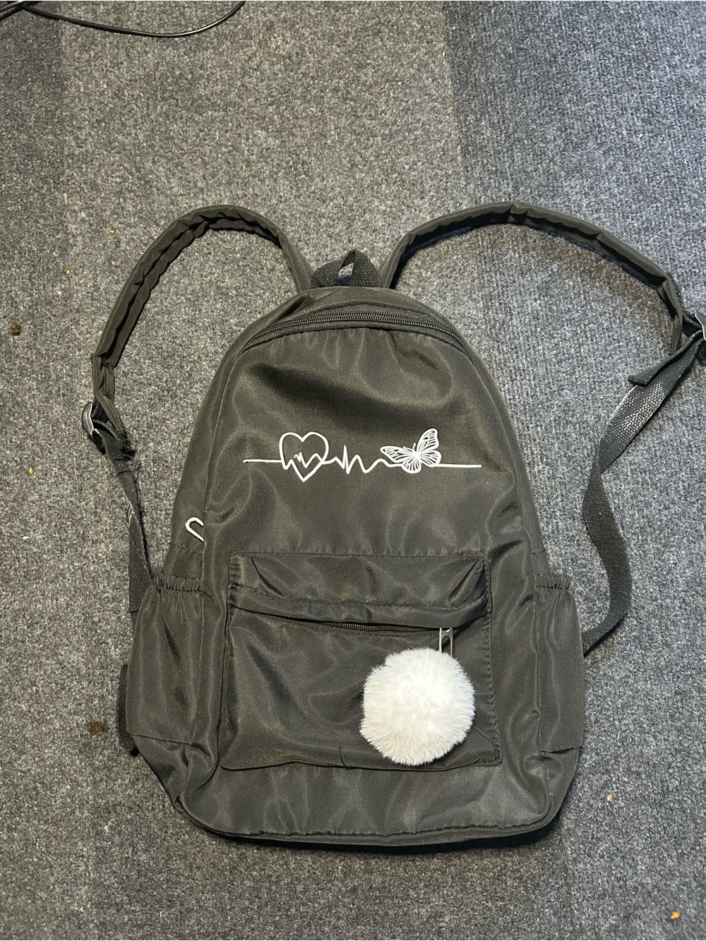 Black Backpack with Heartbeat & Butterfly Graphic